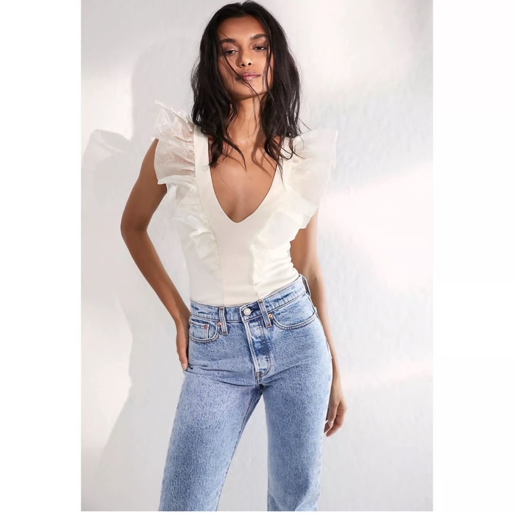 NWOT Free People Intimately Paper Planes Balletcore Ivory Ruffle Bodysuit Sz XS